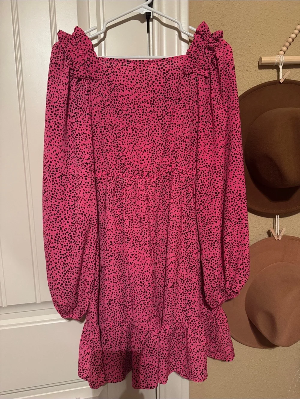JODIFL Hot Pink Polka Dot Long Sleeve Mini Dress